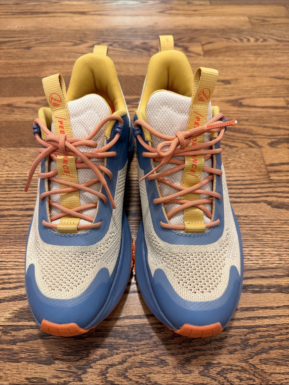 Timberland Neutral Mesh Sneakers with Blue Trim and Yellow Accents